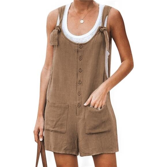 Women's Casual Cotton Linen Rompers Overalls Jumpsuit Brown - Picture 2 of 6
